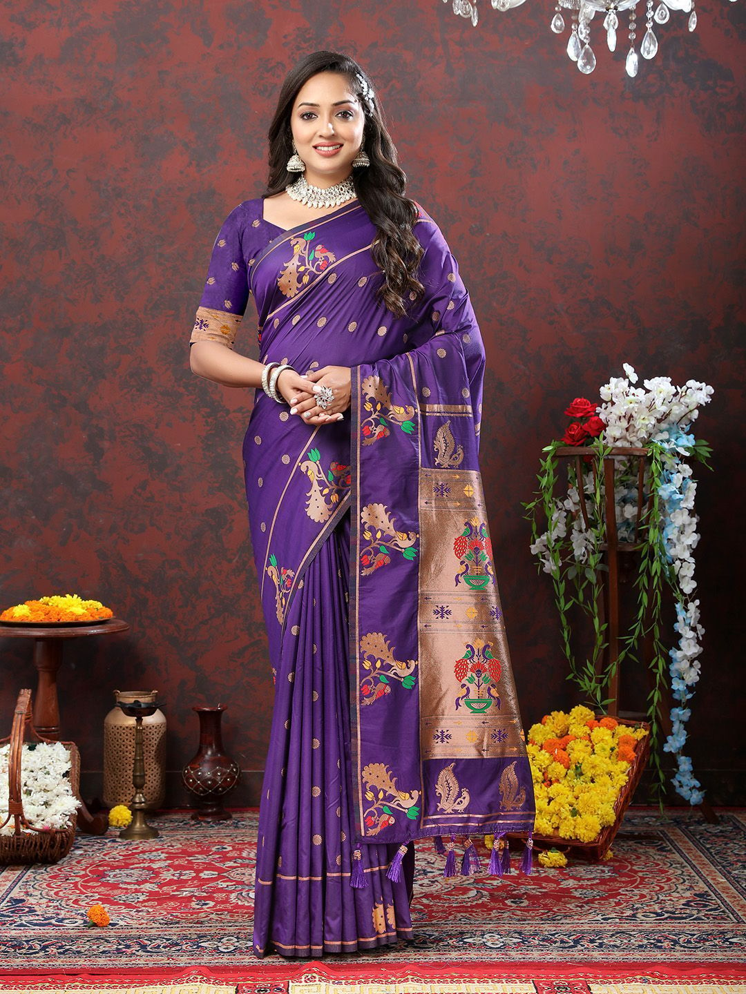 Purple Soft Paithani Silk Woven Design Copper Zari Meenakari Weaving Saree