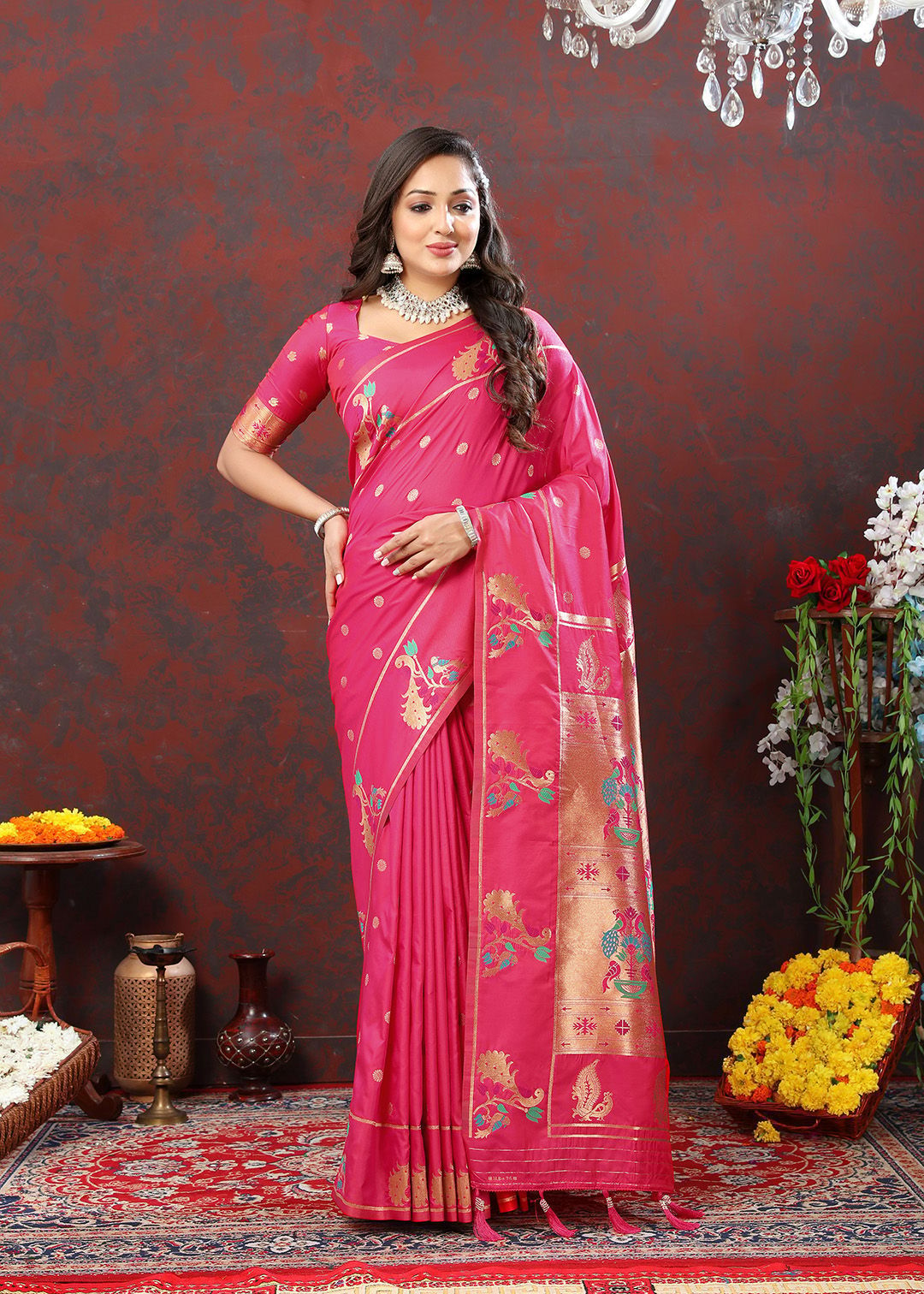 Pink Soft Paithani Silk Woven Design Copper Zari Meenakari Weaving Saree