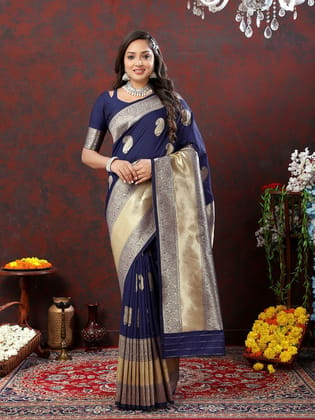 Navyblue Soft Silk Woven Design Gold Zari Weaving Saree