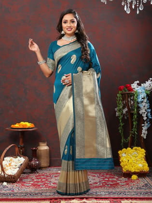 Rama Soft Silk Woven Design Gold Zari Weaving Saree