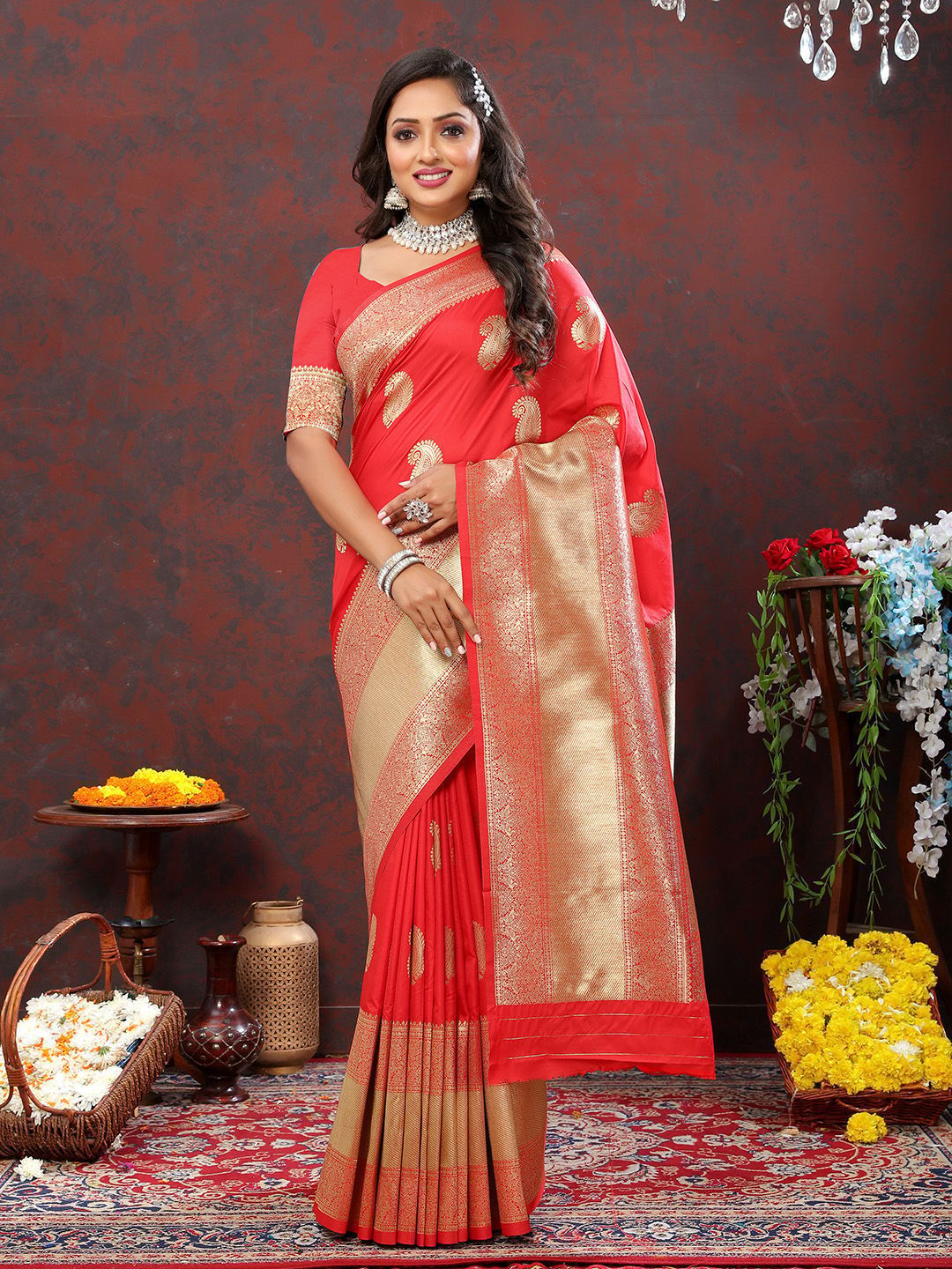 Red Soft Silk Woven Design Gold Zari Weaving Saree