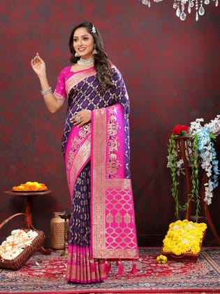 Purple & Magenta Patola Silk Woven Design Meenakari Weaving Saree