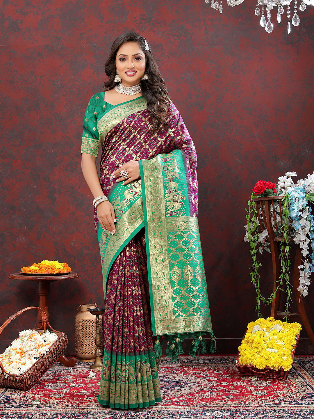 Wine & Green Patola Silk Woven Design Meenakari Weaving Saree