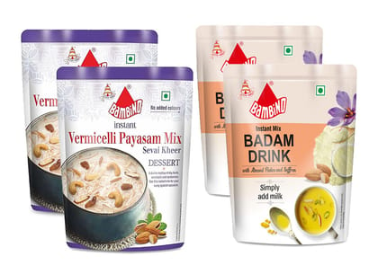 Bambino Combo Instant Mix's of Badam Drink Mix 200 Gms X Pack of 2 (400 Gms) I Vermicelli Payasam Mix 180 Gms X Pack of 2 (360 Gms)