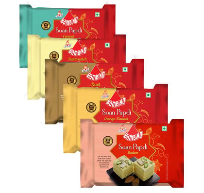 Bambino Soan Papdi Assorted Combo Pack Each 200 Gms X Pack of 5 1 Kg (Badam,Butterscotch,Orange,Duet,Coconut)