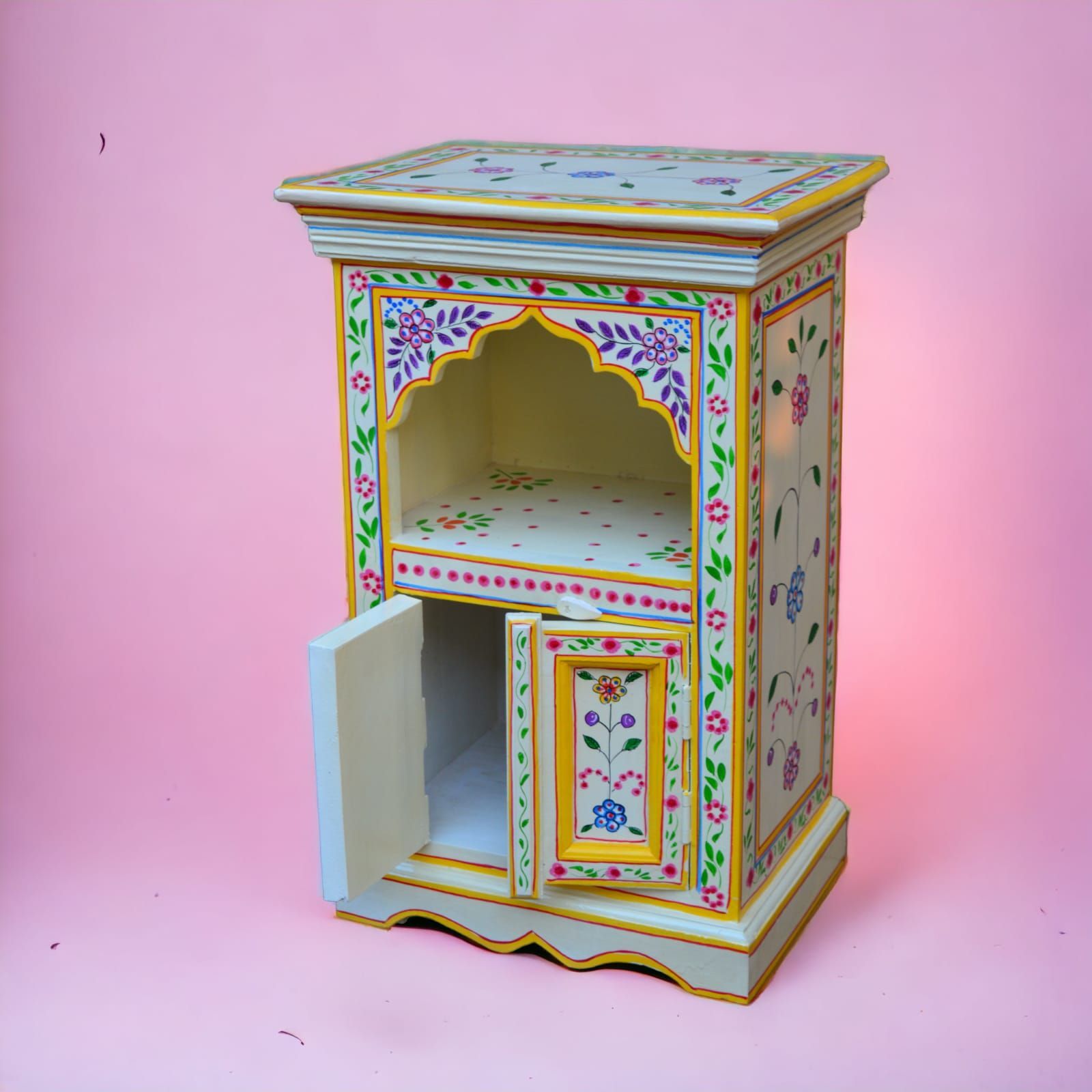 Wooden Handpainted Side Table for Bedroom Bedside Table with Drawers Wooden Rajasthani Bedside for Living Room Traditional Chest of Drawer Handpainted