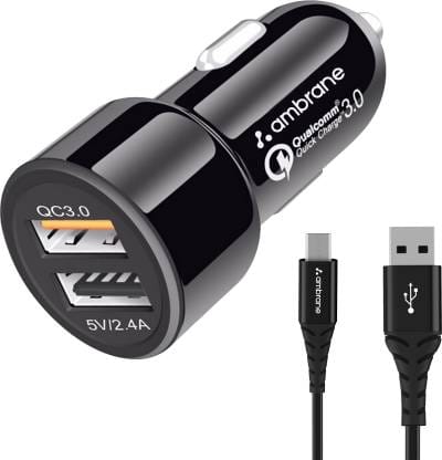 Ambrane 27 W Qualcomm Certified Turbo Car Charger  (Black, With USB Cable)