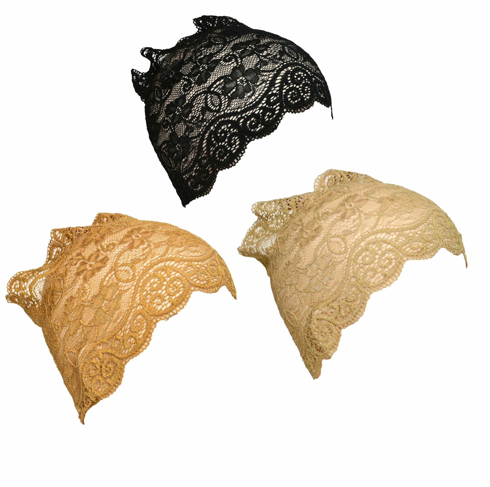 Girls and Womens Hijab Cap Hijab Headband, Under Hijab Scarf Black Golden and Dark Beige Naqab Head Scarf (3 pcs)