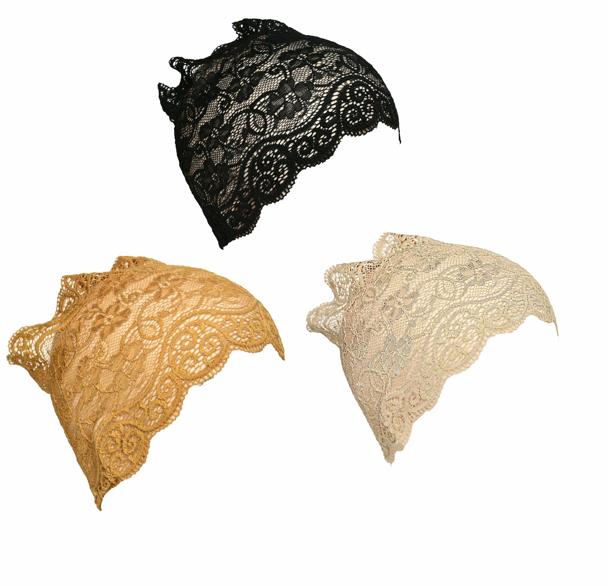 Girls and Womens Hijab Cap Hijab Headband, Under Hijab Scarf Black Golden and Light Beige Naqab Head Scarf (3 pcs)