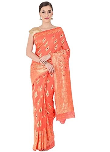 Women's Cotton Sarees (Orange, 5-6Mtrs)-PID34738