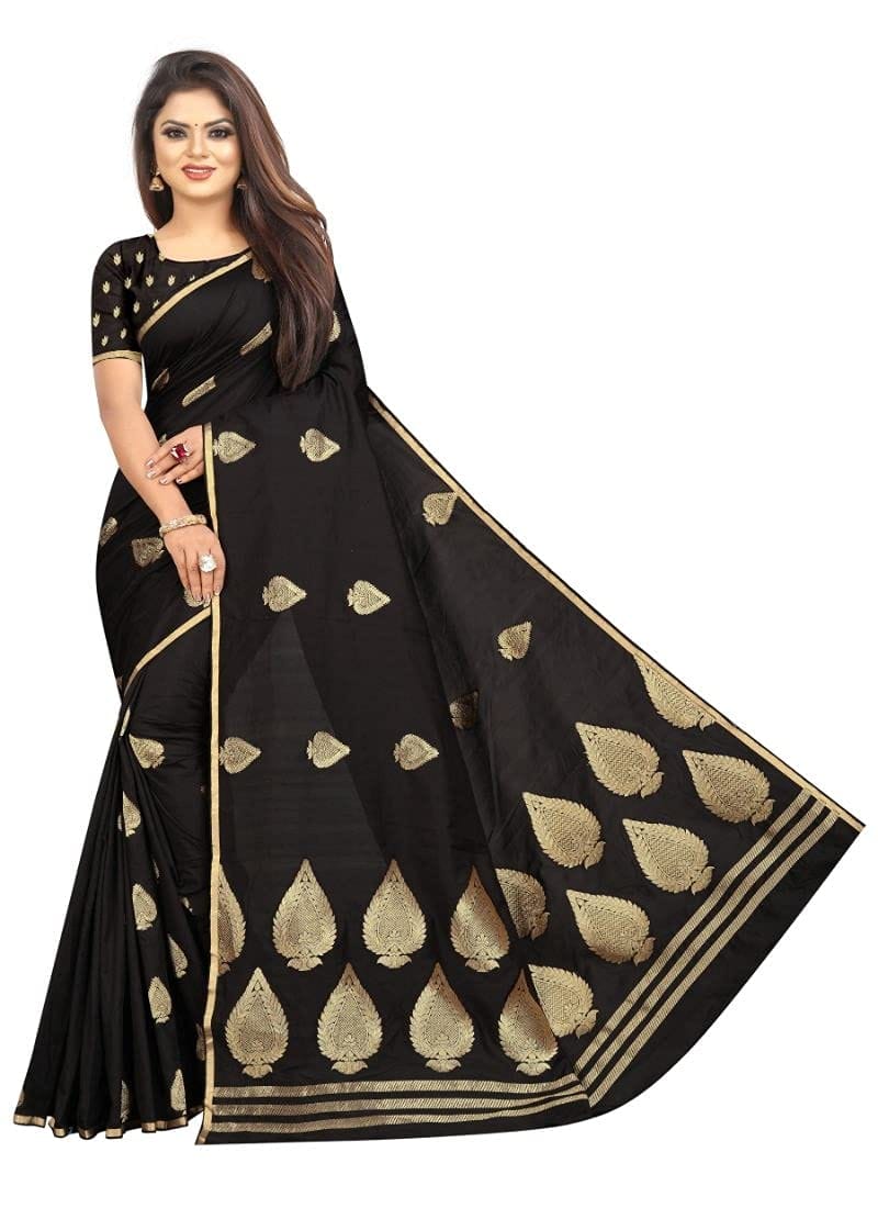 Women's Jacquard Sarees (Black, 5-6Mtrs)-PID34764