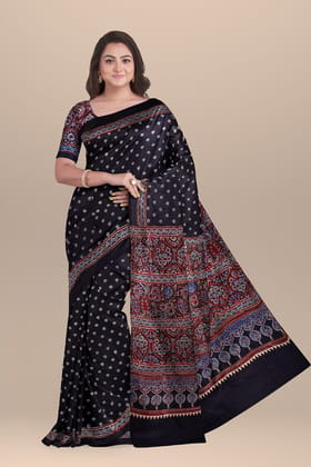 Black Geometrical Pattern Ajrakh Hand Block Print Modal Silk Saree SKU-BS10072