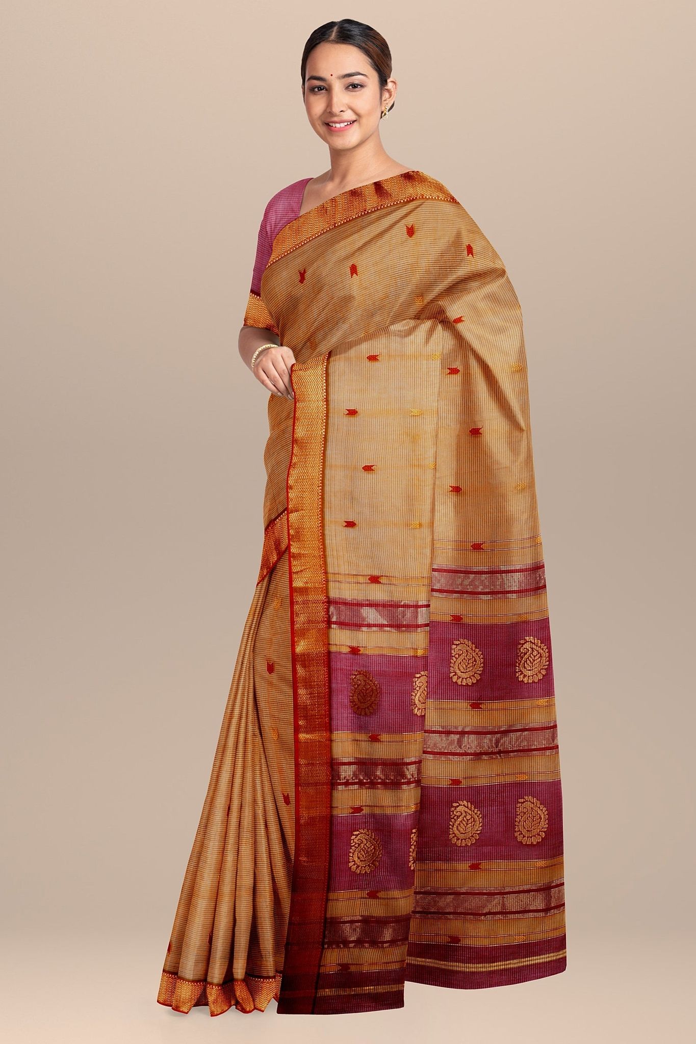 Marigold Yellow Buta Buti Handwoven Sausar Silk with Zari Border Saree SKU- BS10016