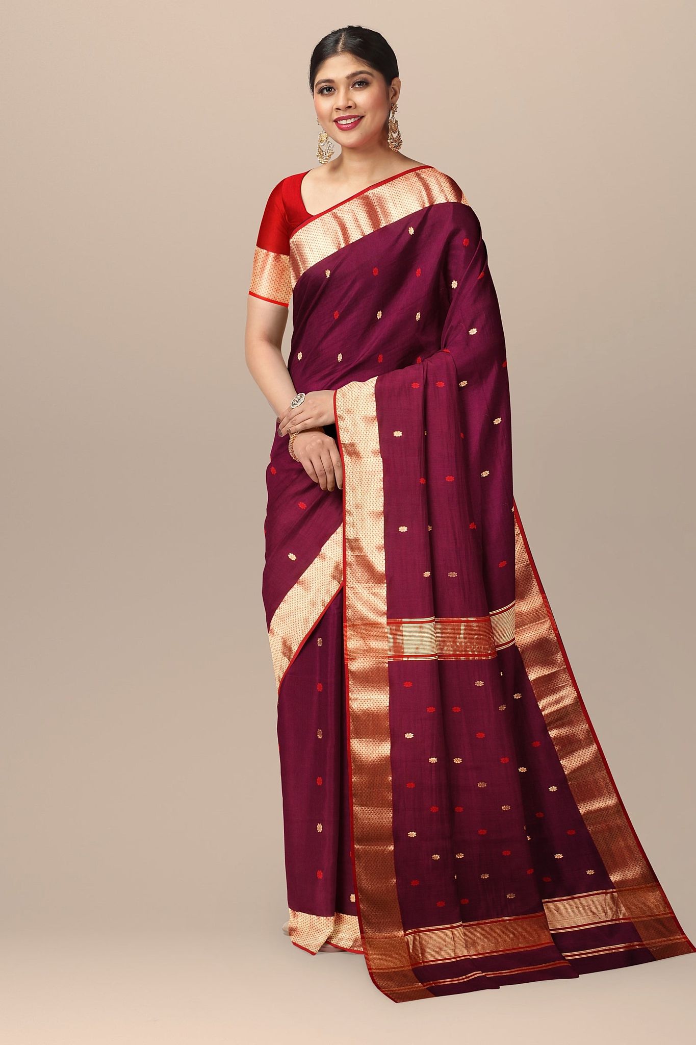 Maroon Rui Buti Handwoven Sausar Silk with Zari Border Saree SKU-BS10045