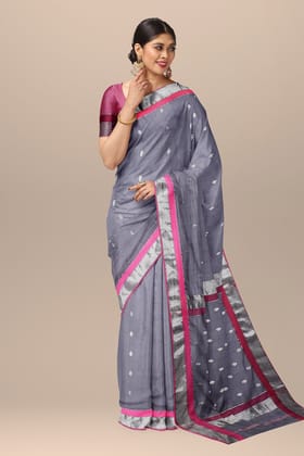 Metallic Grey Diya Buti Handwoven Sausar Silk with Silver Zari Border Saree SKU-BS10023