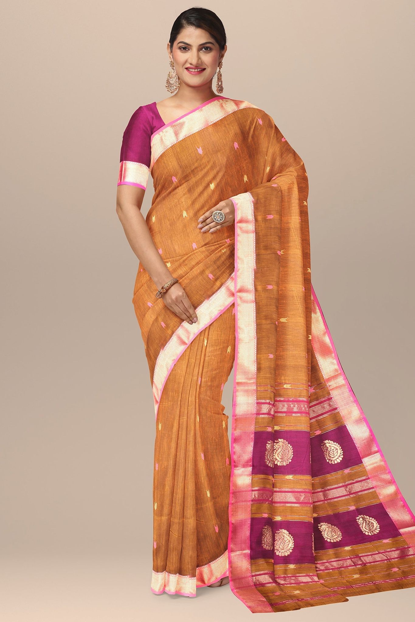 Mustard Yellow Buti Handwoven Sausar Silk with Zari Border and Carry Buta Palla Saree SKU- BS10128