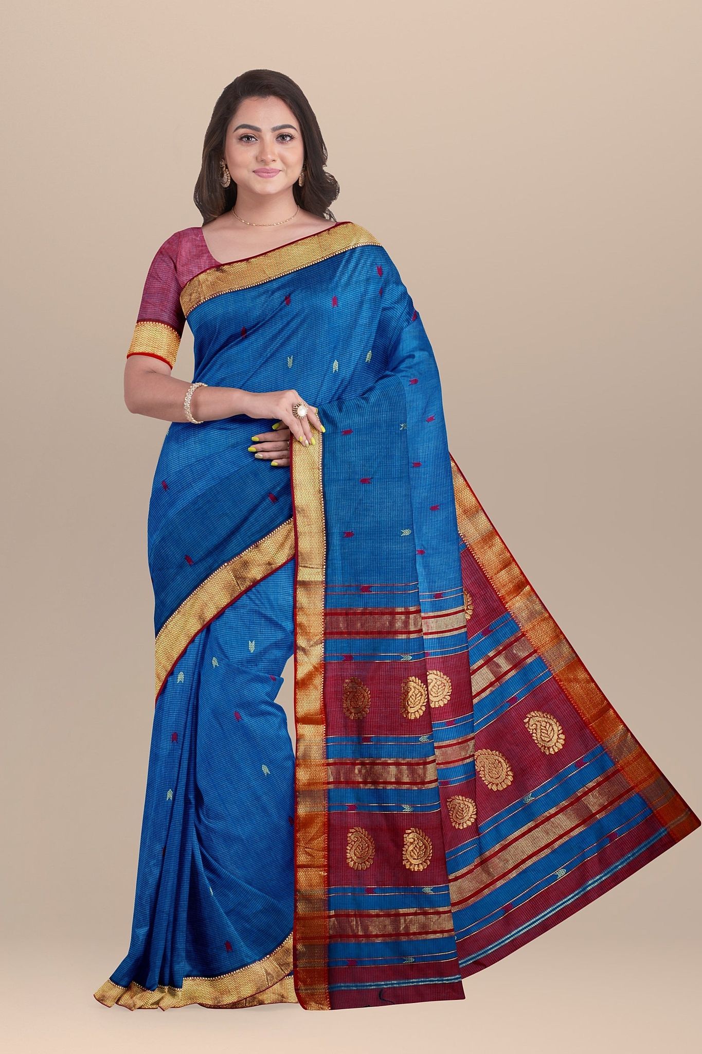 Ocean Blue Buta Buti Checks Handwoven Sausar Silk with Zari Border Saree SKU-BS10012