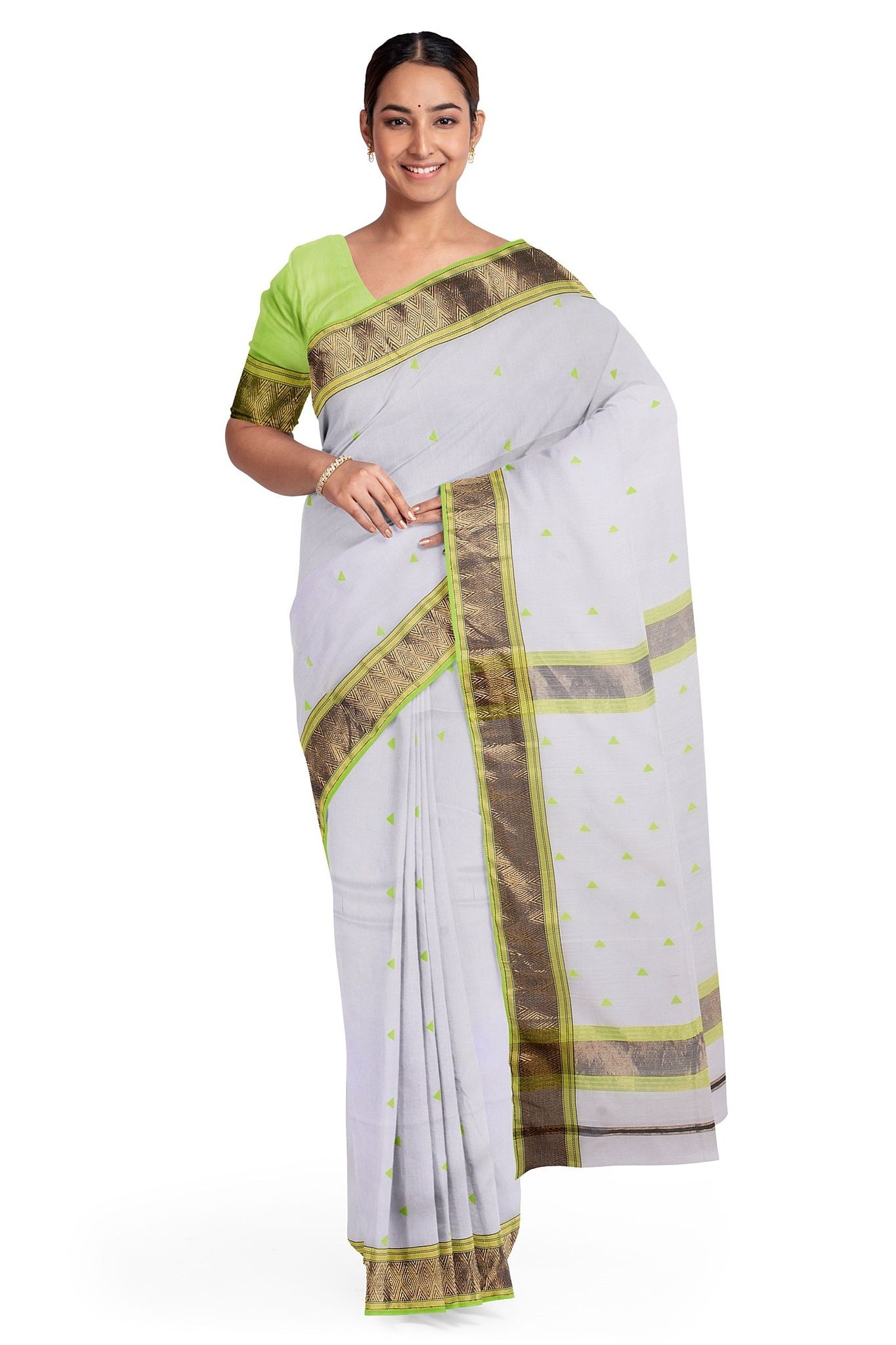 Off White Buti Handwoven Sausar Silk with Triangle Buti Border Saree SKU- BS10009