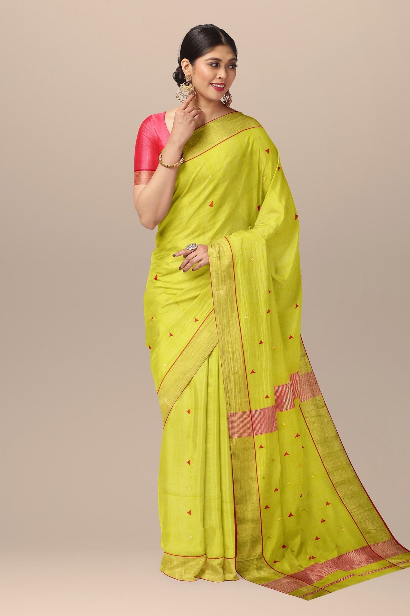 Olive Green Buti Handwoven Maheshwari Silk Saree SKU -BS10005