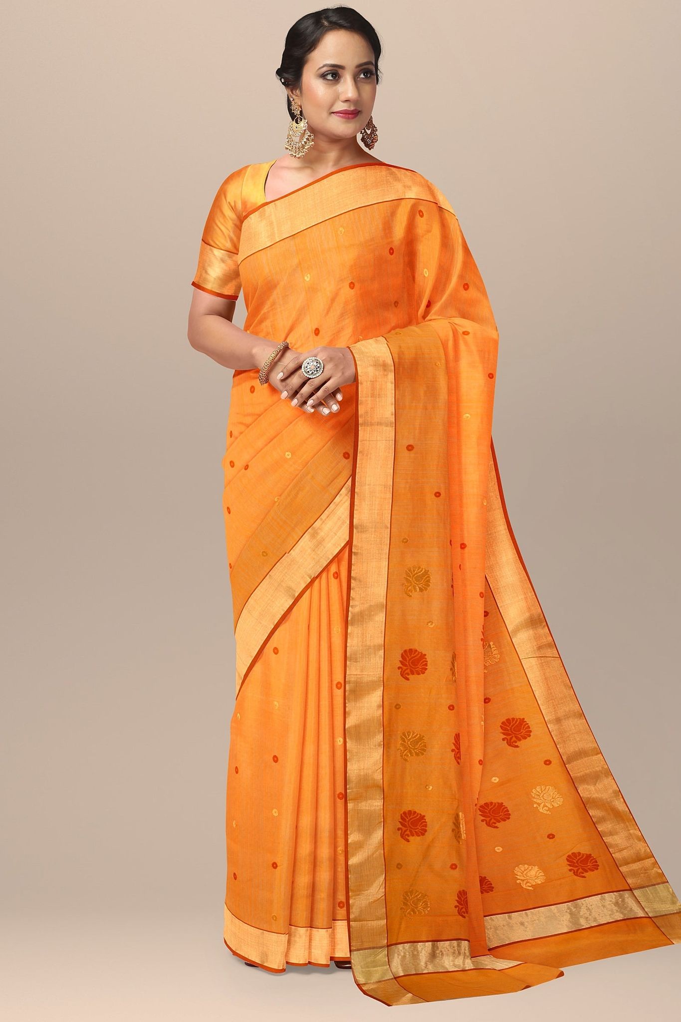 Orange Handwoven Traditional Red and Golden Buta Chanderi with Zari Border SKU - BS10082