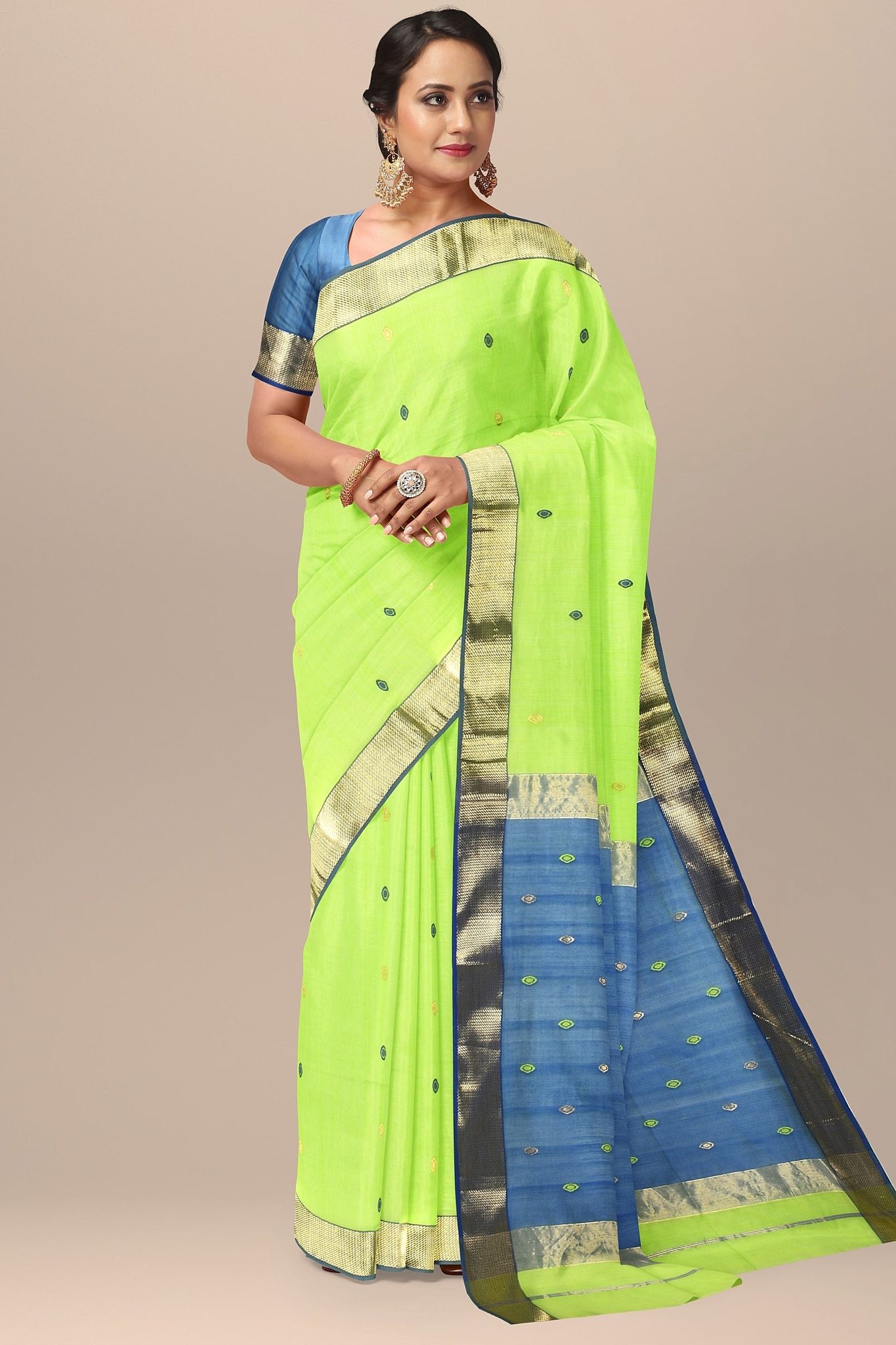 Parrot Green Diya Buti Handwoven Sausar Silk with Zari Border Saree SKU-BS10054