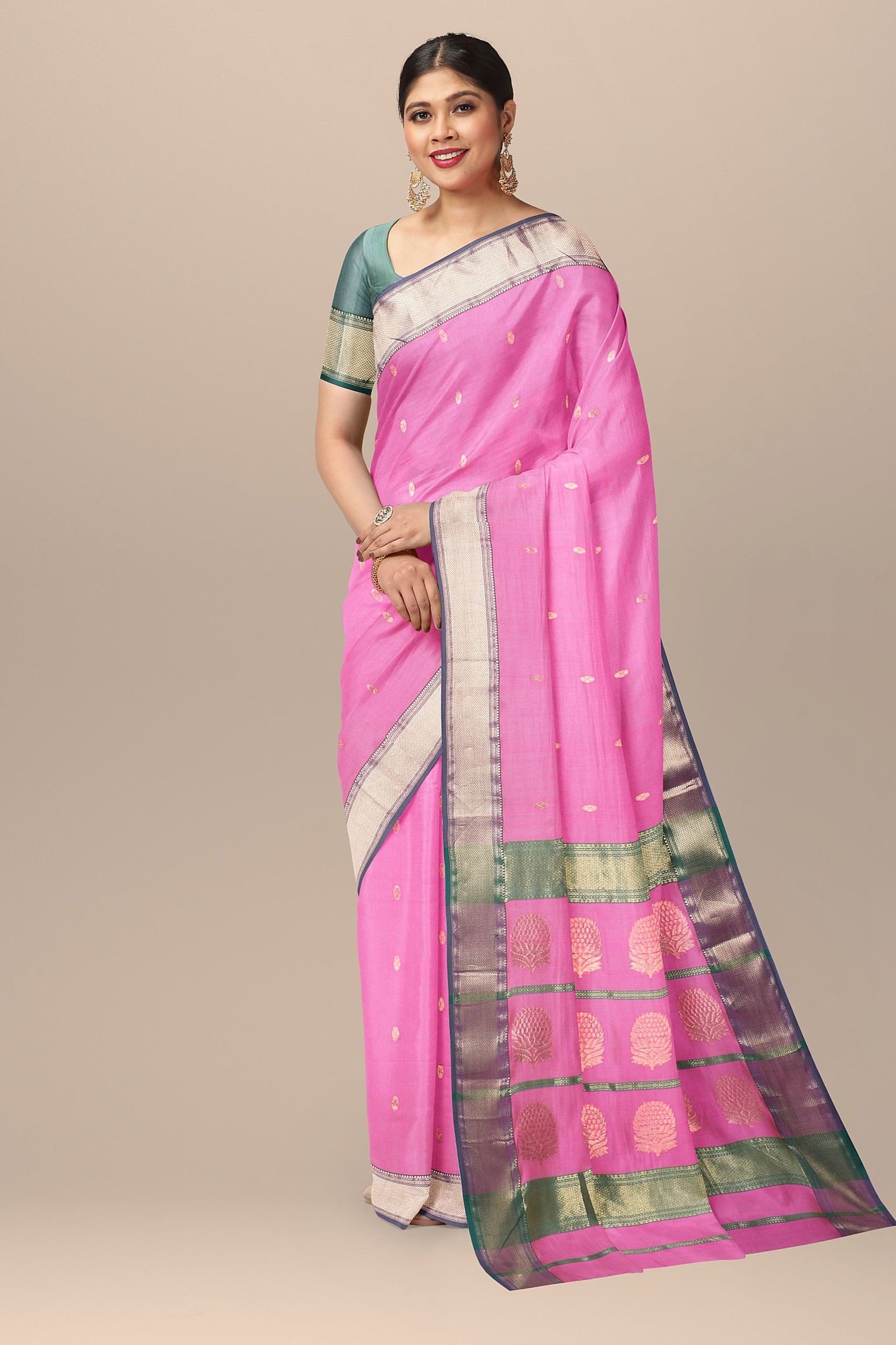 Flamingo Pink Buti Handwoven Sausar Silk with Zari Border and Tree Buta Pallu Saree SKU - BS10063