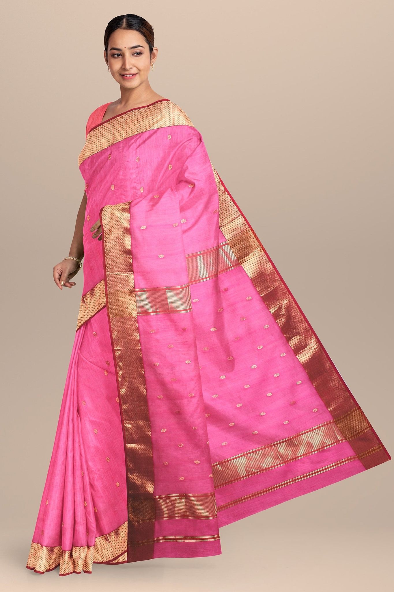 Pink Rui Buti Handwoven Sausar Silk with Zari Border Saree SKU-BS10043