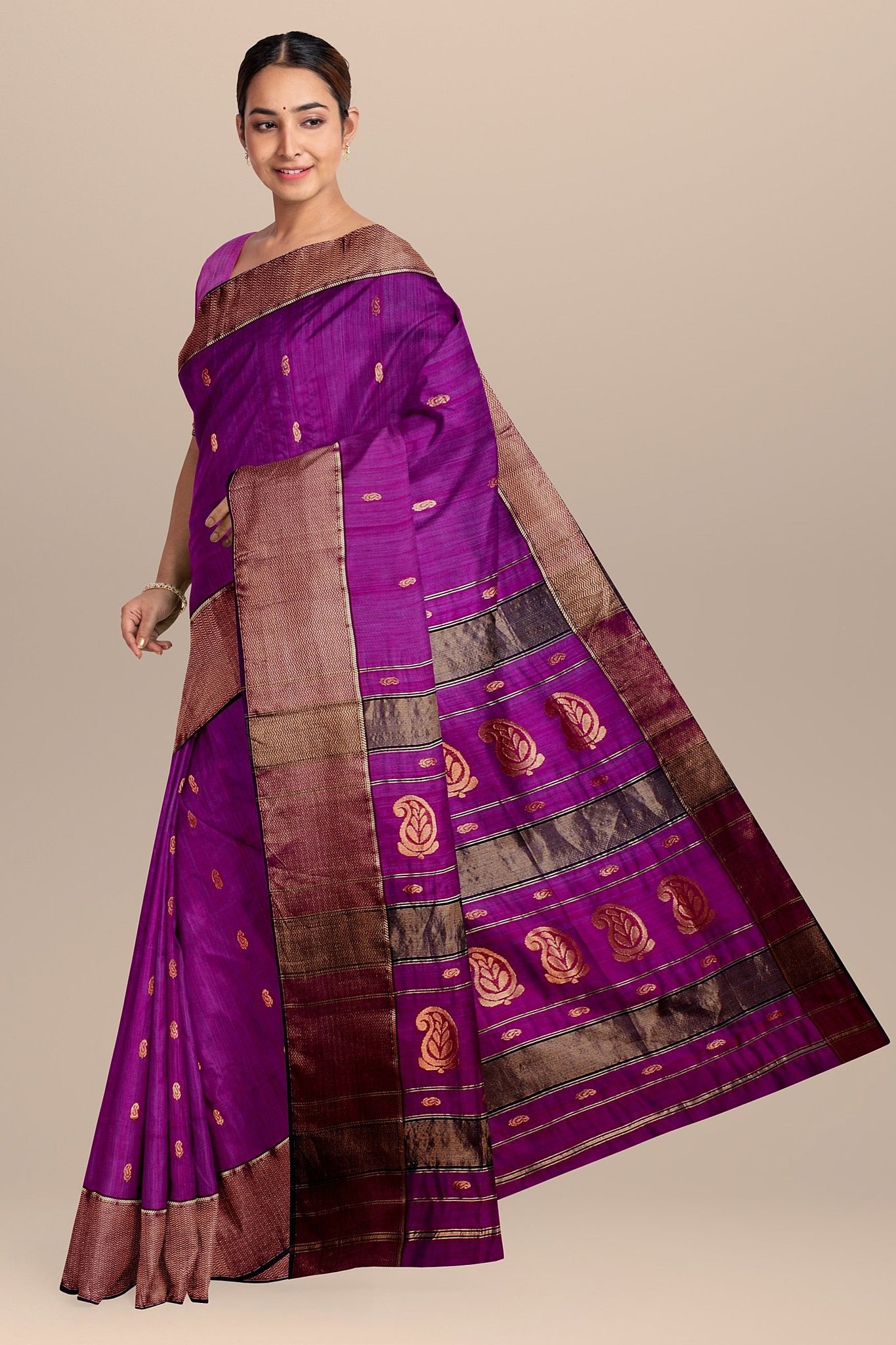 Purple Buti Handwoven Sausar Silk with Zari Border and Carry Buta Print Saree SKU-BS10047