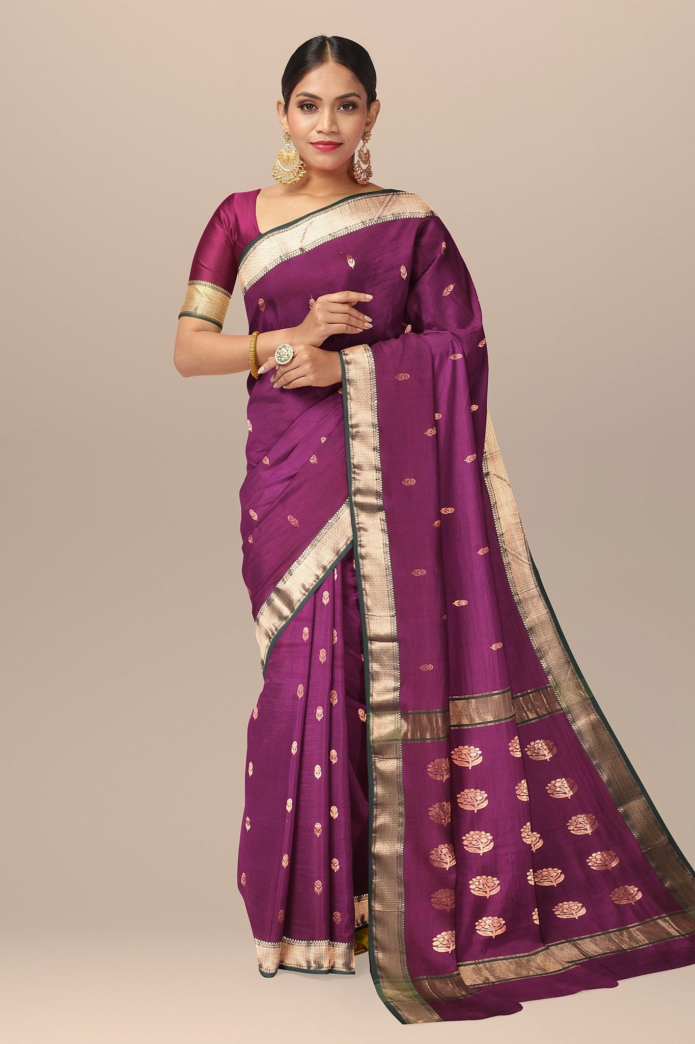 Purple Handwoven Buti Sausar Silk Saree with Zari Border And Flower Buta Pallu SKU-BS10065