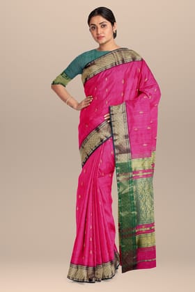 Rani Pink Buta Buti Handwoven Sausar Silk with Broad Green Zari Border Saree SKU -BS10017