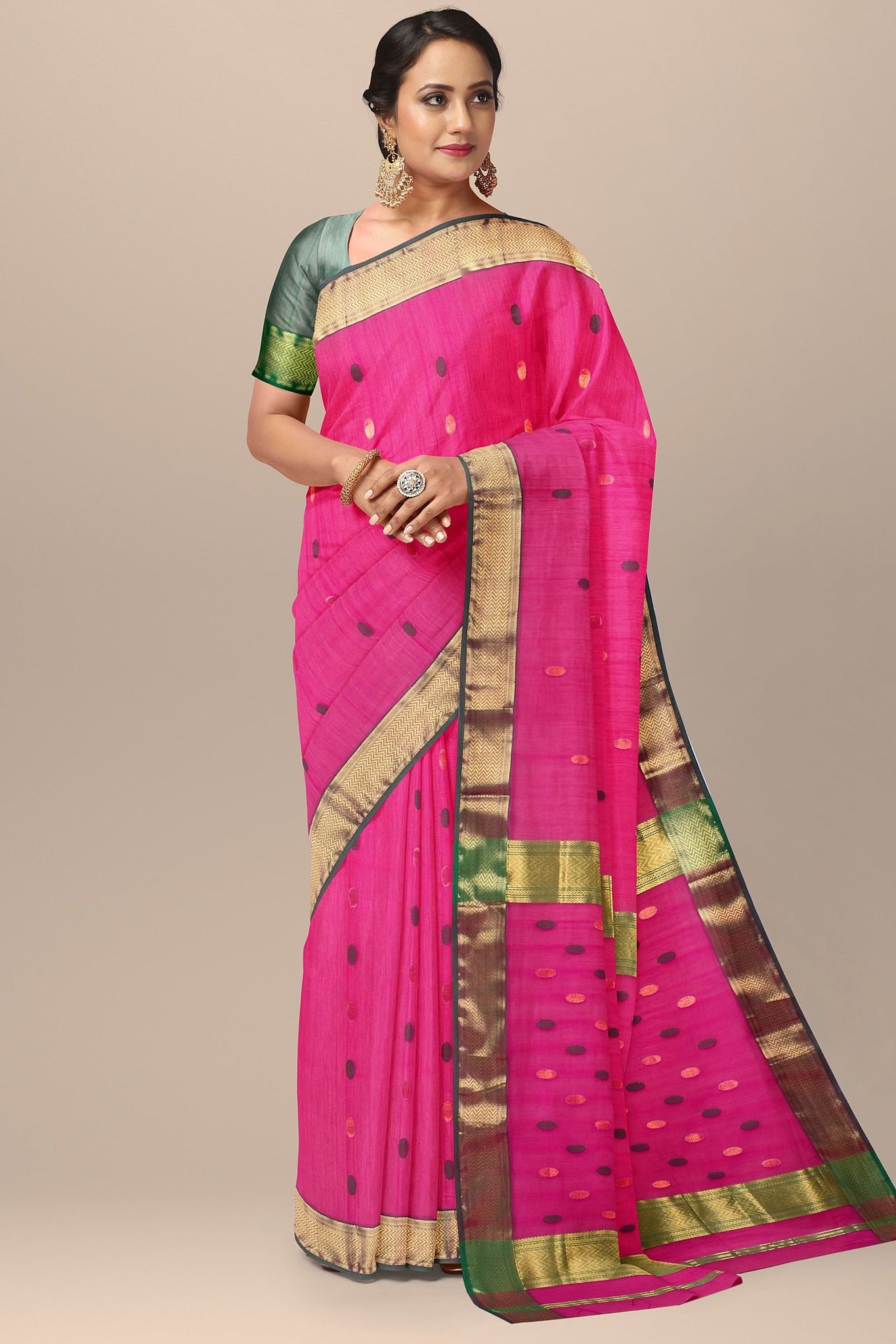 Rani Pink Rudraksh Buti Handwoven Sausar Silk Saree with Zari Border SKU-BS10060