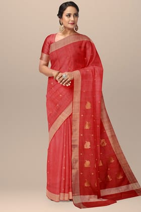 Red Handwoven Traditional Leaf Golden Buta Chanderi with Zari Border SKU - BS10083