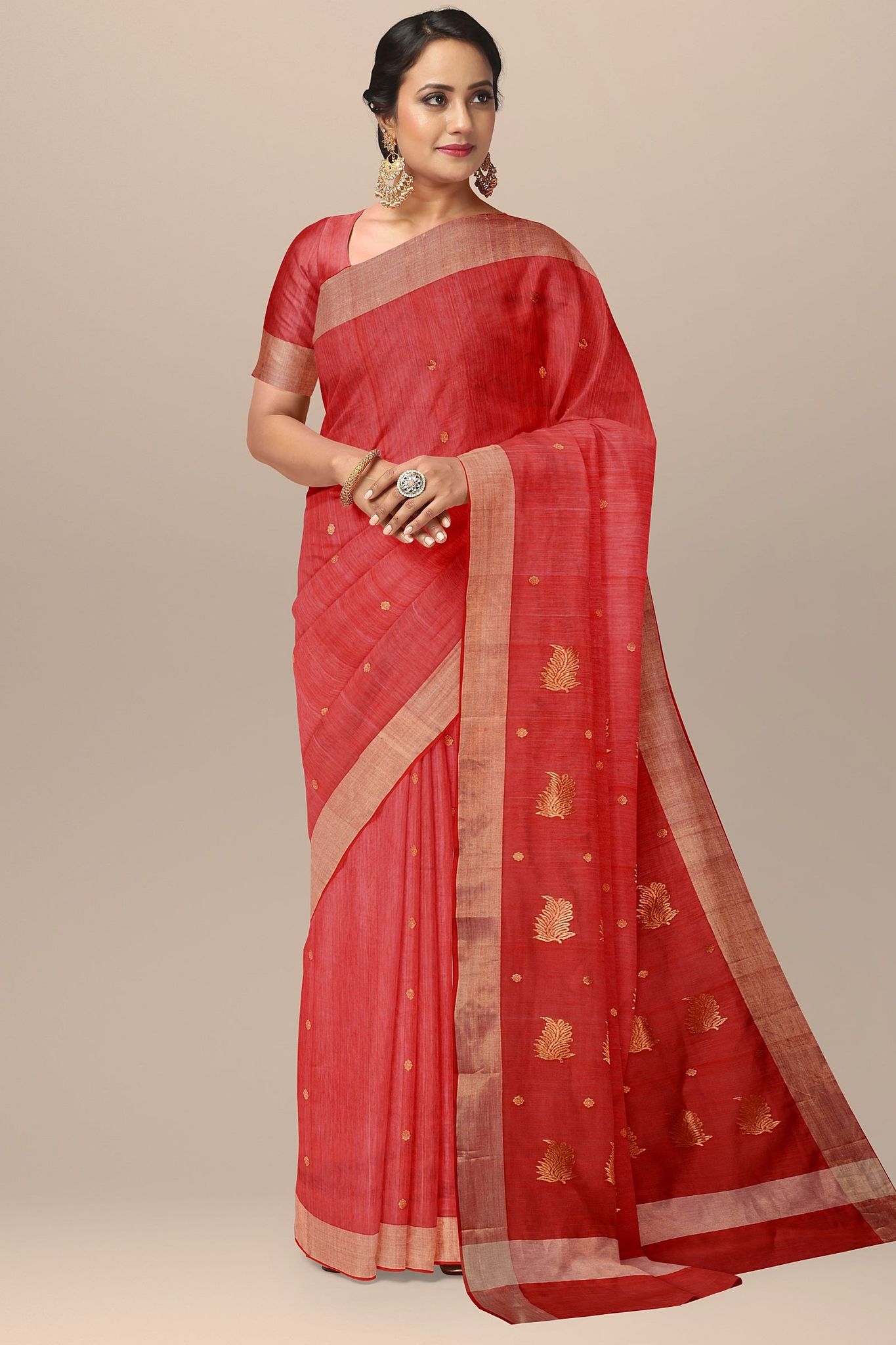 Red Handwoven Traditional Leaf Golden Buta Chanderi with Zari Border SKU - BS10083