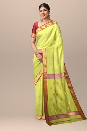 Sheen Green Carry Buti Handwoven Sausar Silk with Zari Border and Carry Buta Saree SKU-BS10036