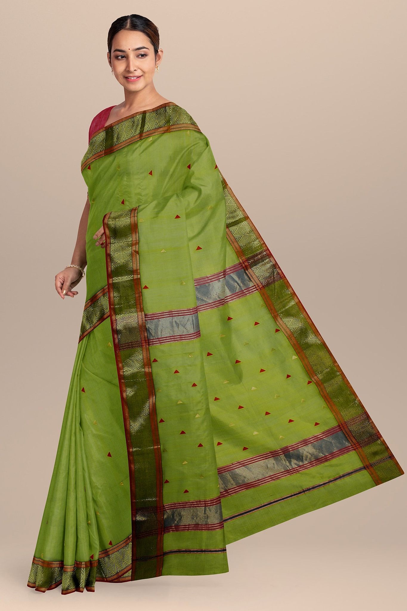 Sheen Green Buti Handwoven Sausar Silk with Zari Border Saree SKU-BS10004