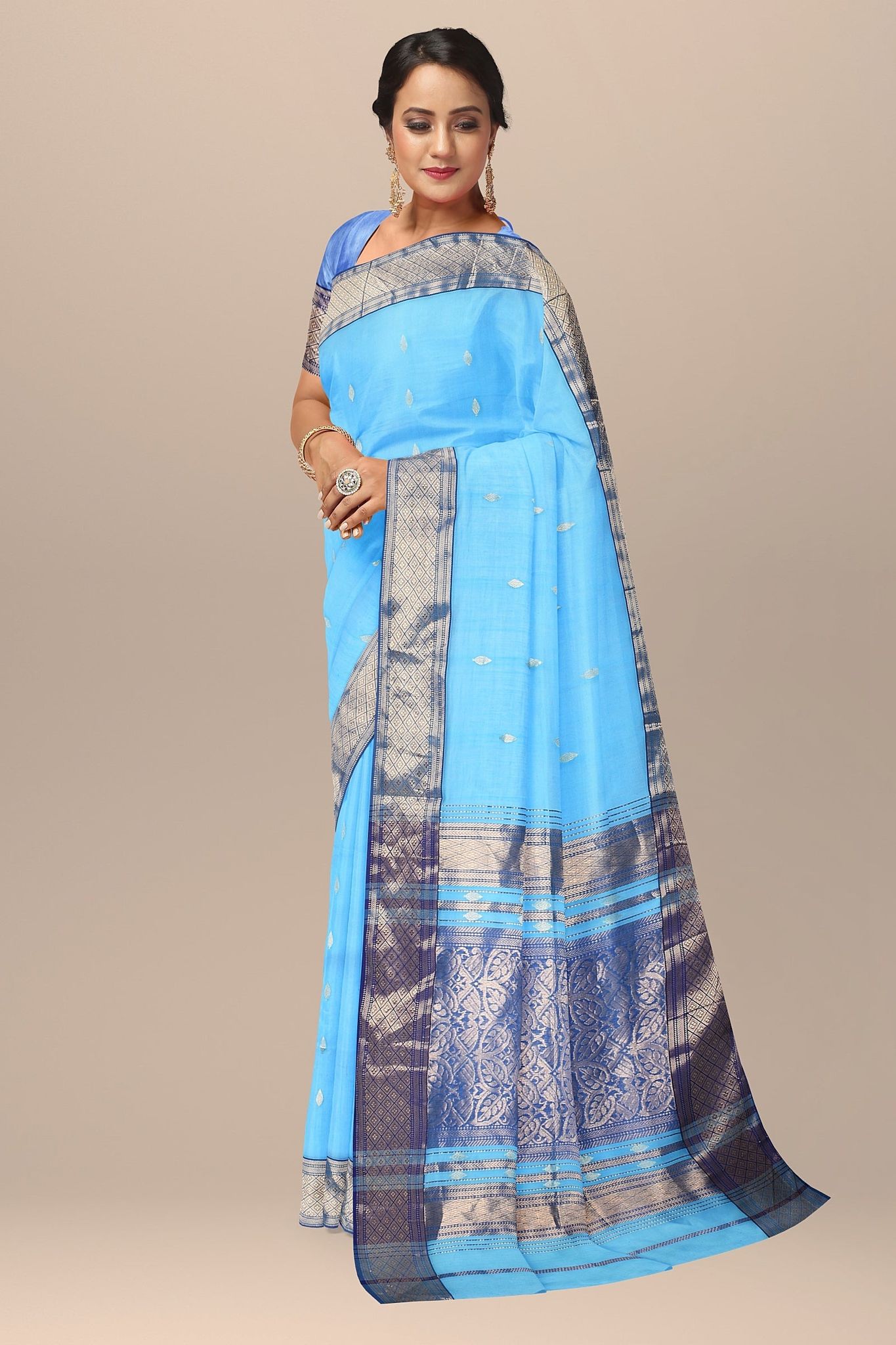 Sky Blue Buta Buti Handwoven  Maheshwari  Silk with Broad Dark Blue Zari Border Saree SKU- BS10018