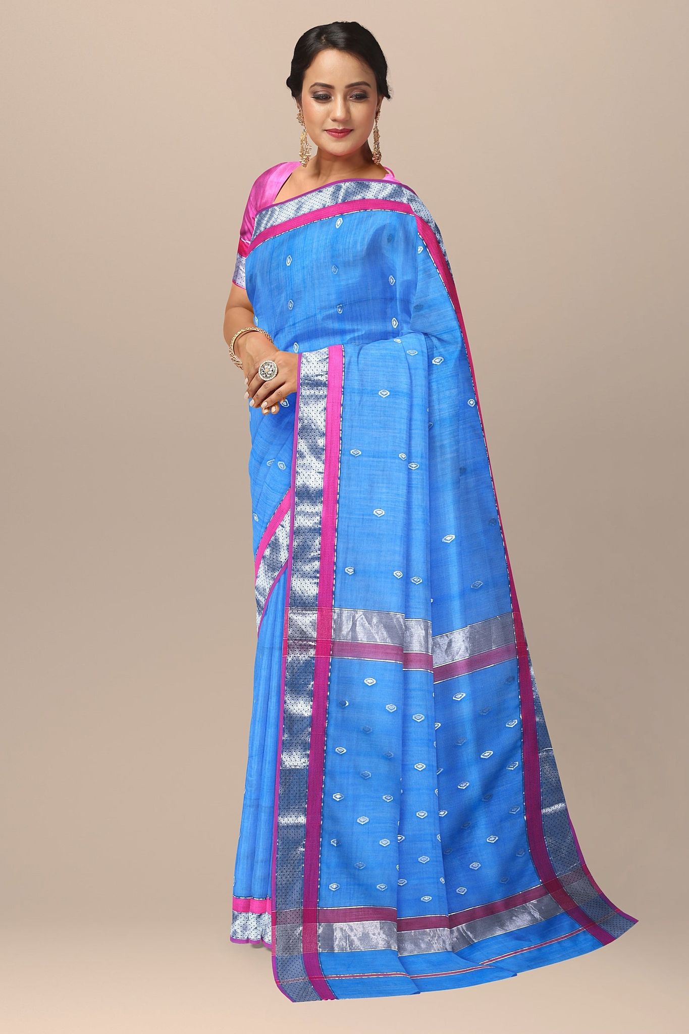 Sky Blue Diya Buti Handwoven Sausar Silk with Silver Zari Border Saree SKU- BS10024