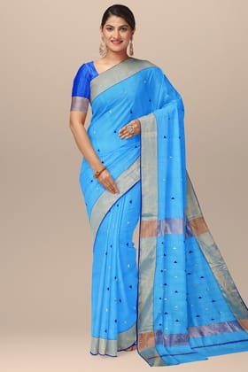 Sky Blue Buti Handwoven Maheshwari Silk Saree SKU-BS10002