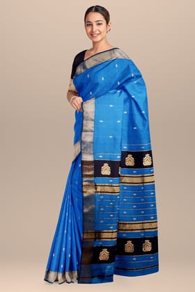 Sky Blue Rui Buti Handwoven Sausar Silk with Zari Border Saree SKU- BS10126