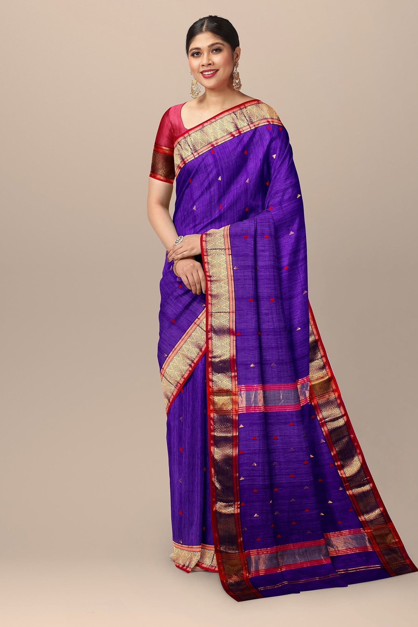 Violet Buti Handwoven Sausar Silk with Triangle Buti Border Saree SKU - BS10097