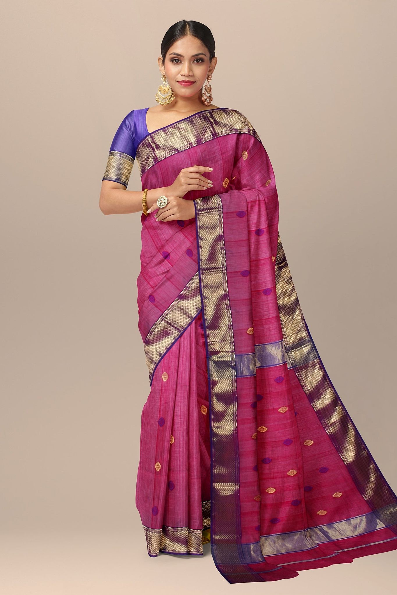 Wine Red Buta Handwoven Sausar Silk Saree with Zari Border  SKU-BS10030