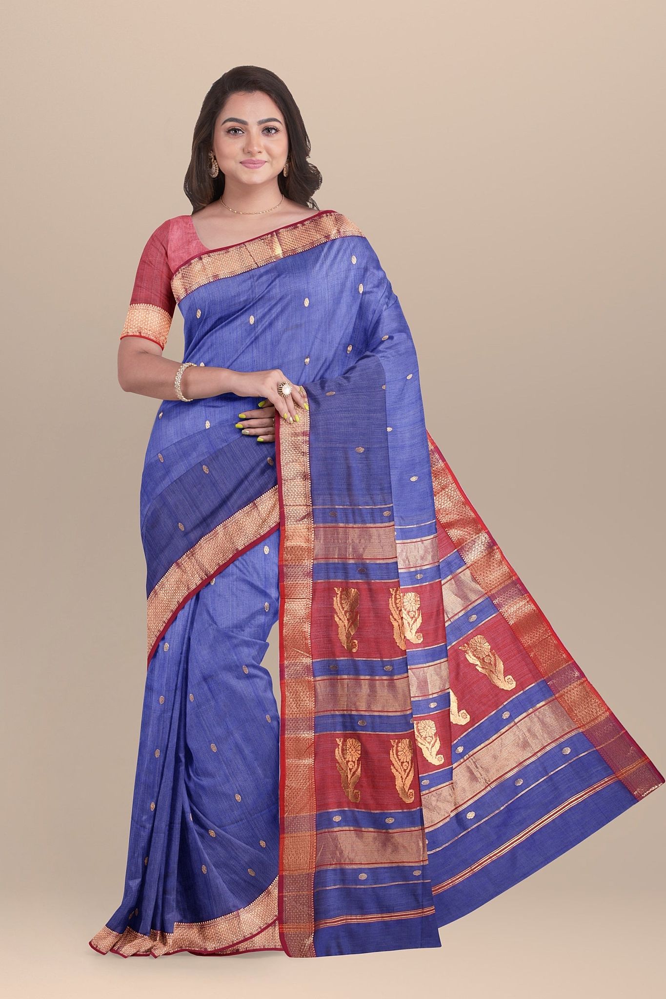 Yale Blue Buti Handwoven Sausar Silk with Zari Border and Carry Buta Print Saree SKU- BS10034