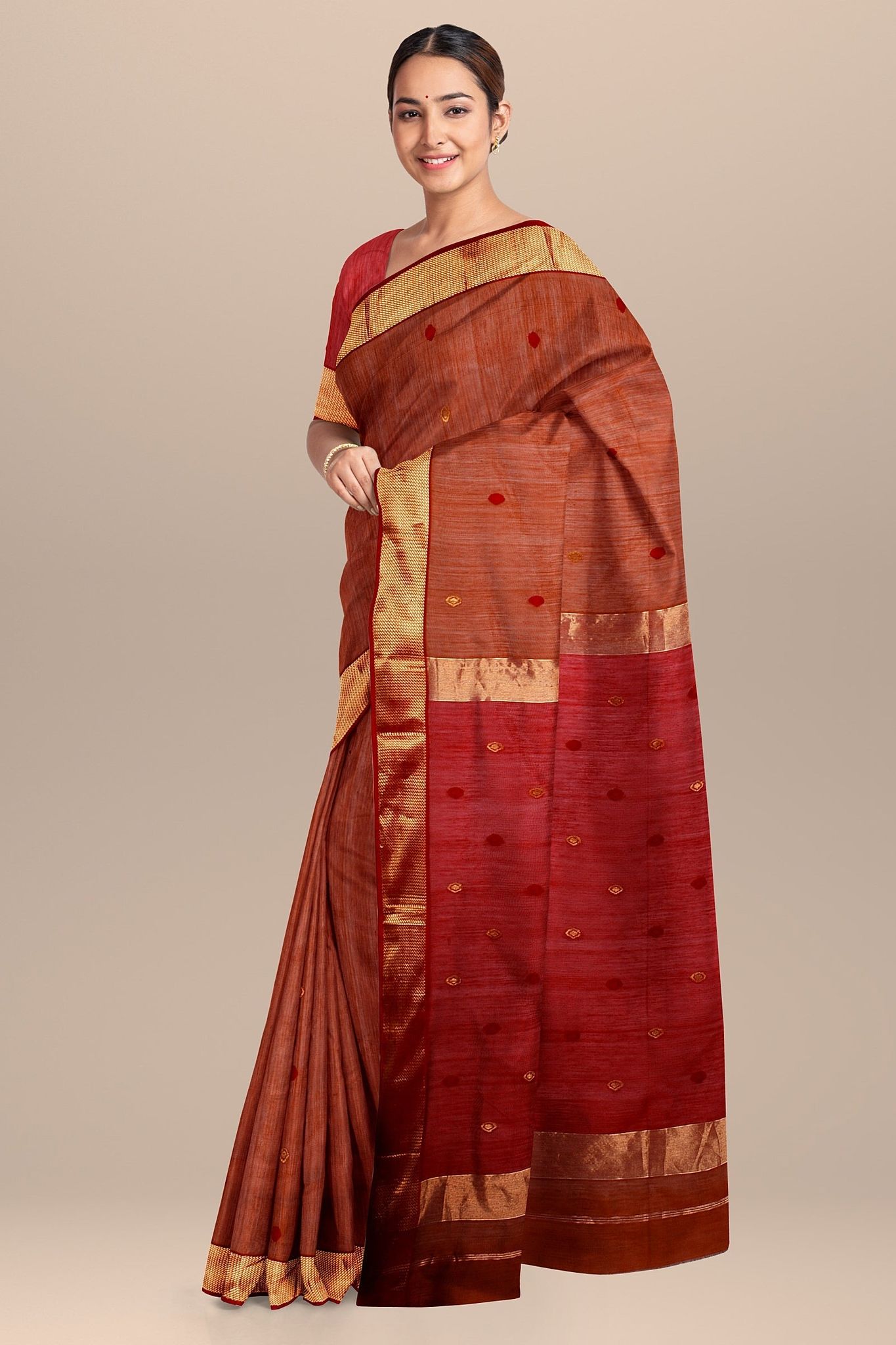 Yam Orange Diya Buti Handwoven Sausar Silk with Zari Border Saree SKU - BS10057