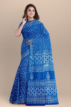 Indigo Floral Pattern Hand Block Print  Malmal Cotton Saree SKU-BS10166