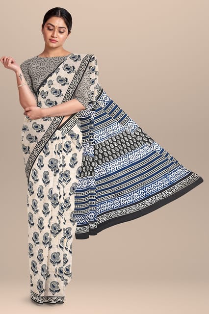 Ajrakh Hand Block Printed Malmal Cotton Saree With Blouse-ISKWSR250148 |  Ishaanya Fashion