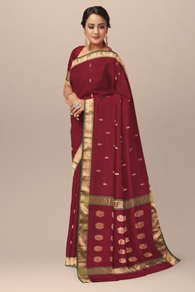 Maroon Handwoven Sausar Silk With Zari Border and Floral Buta Pallu Saree SKU- BS10066