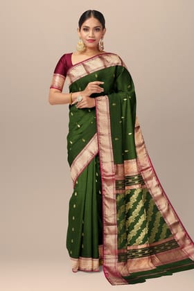 Mehndi Green Traditional Buti Handwoven Sausar Silk with Zari Border and Bel Palla Saree SKU - BS10102