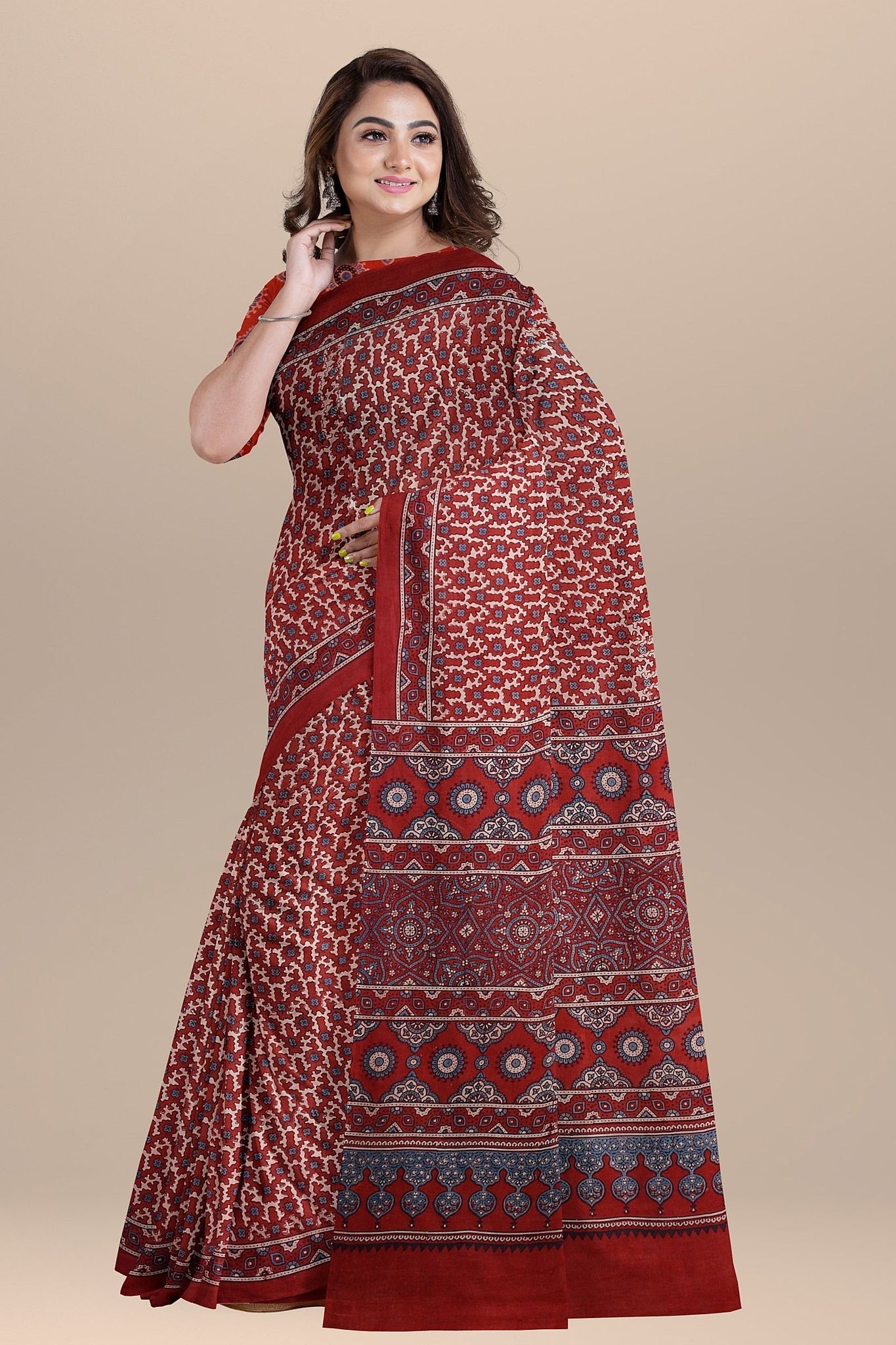 Pastel Red Ajrakh Hand Block Printed Cotton Saree with Floral and Geometrical Print  SKU-BS10076