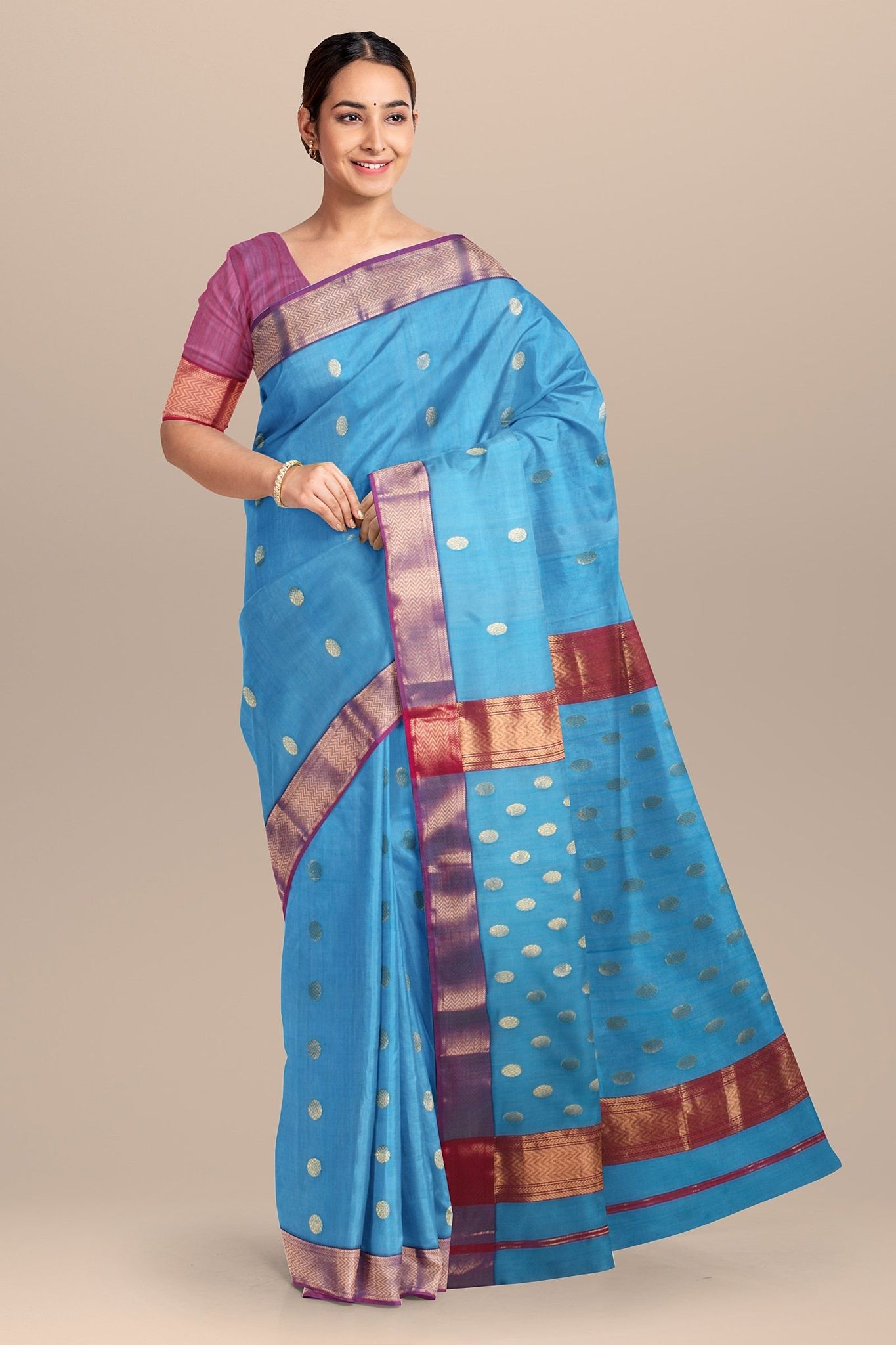 Sky Blue Rudraksh Buti Handwoven Sausar Silk with Zari Border Saree SKU-BS10108