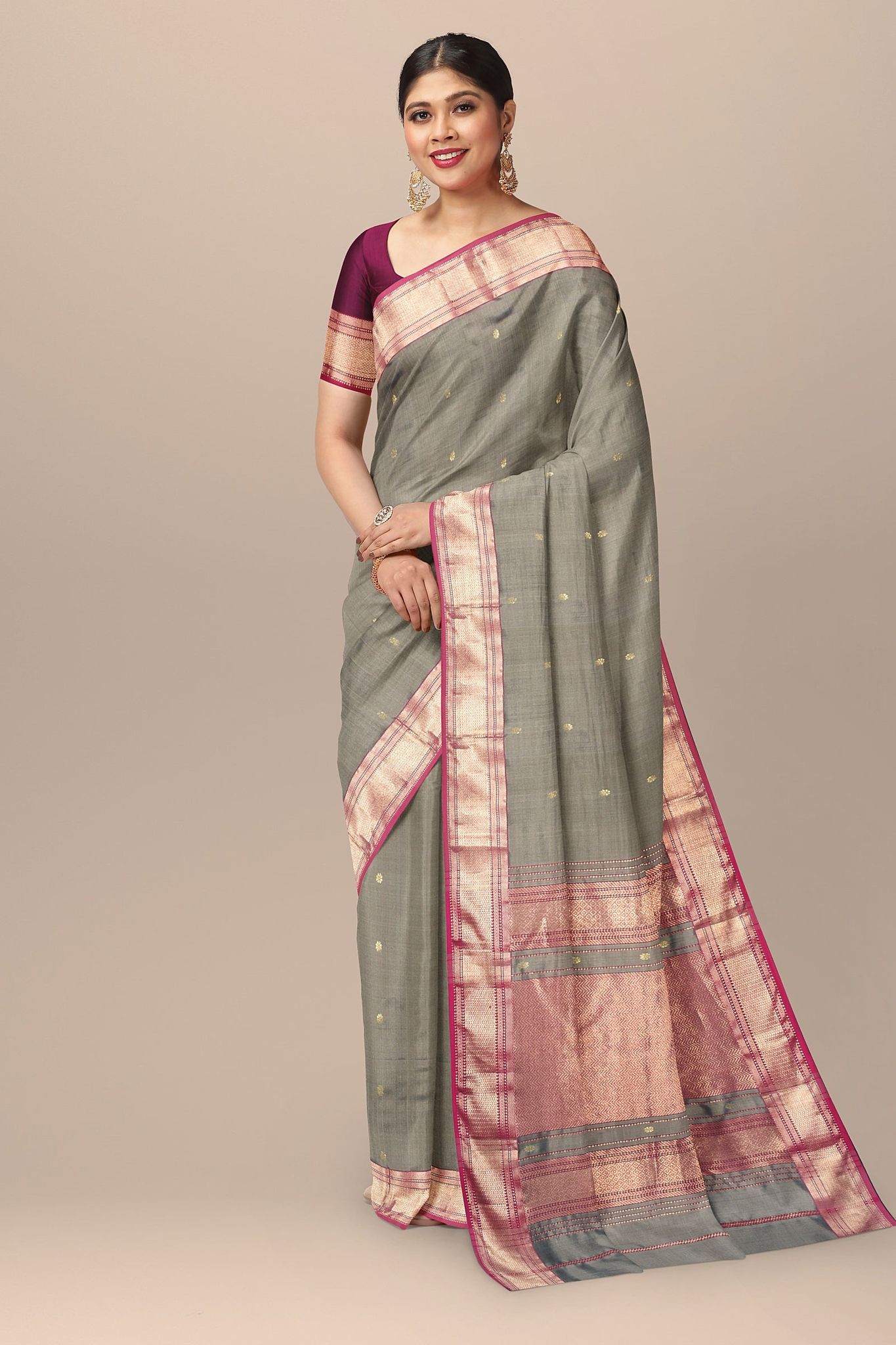 Squirrel Grey Handwoven Mulberry Sausar Silk With Rui Buti And Zari Border Saree SKU-BS10156